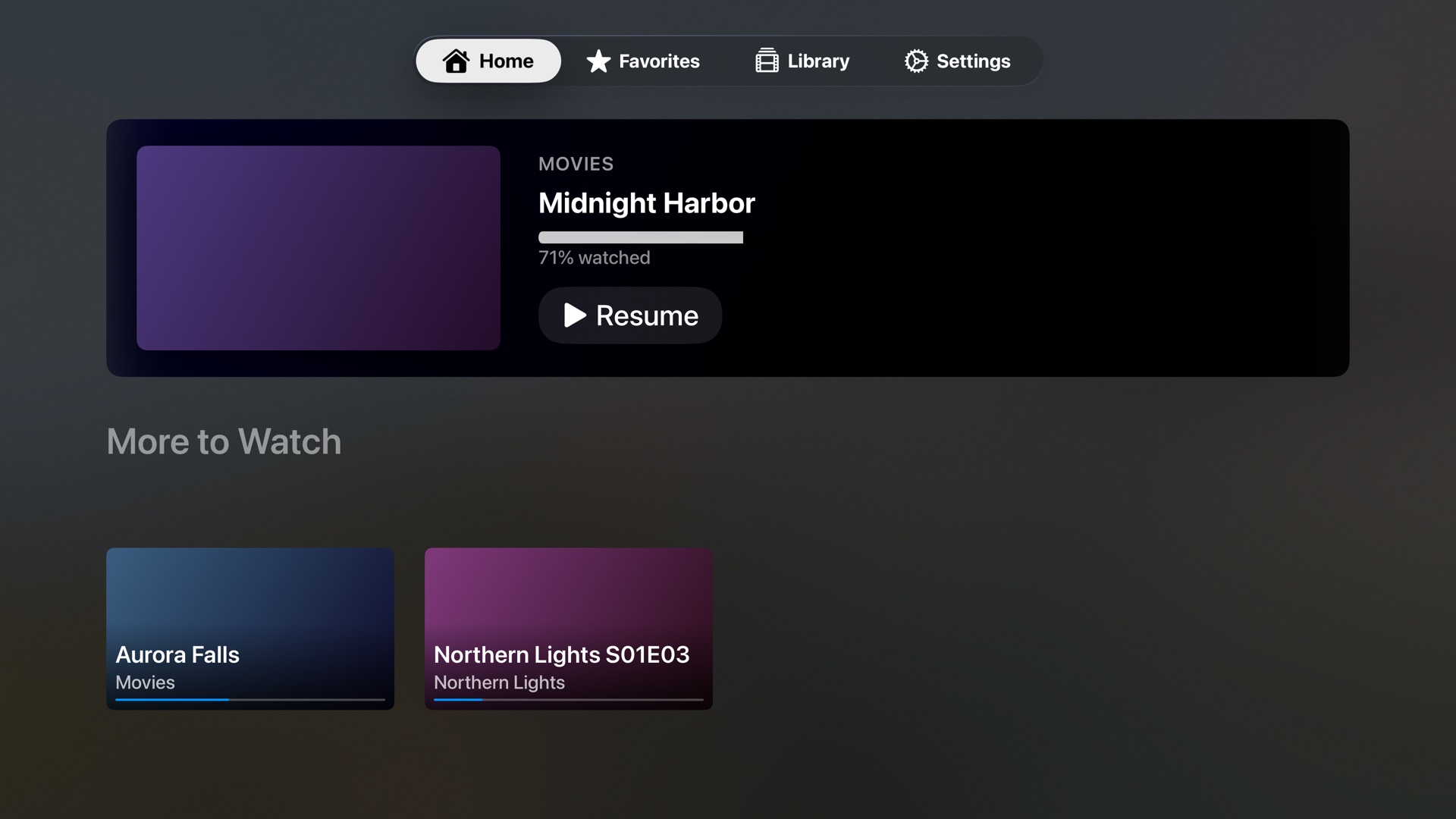 NoriWatch home screen on Apple TV, resuming a partly watched film with more titles below