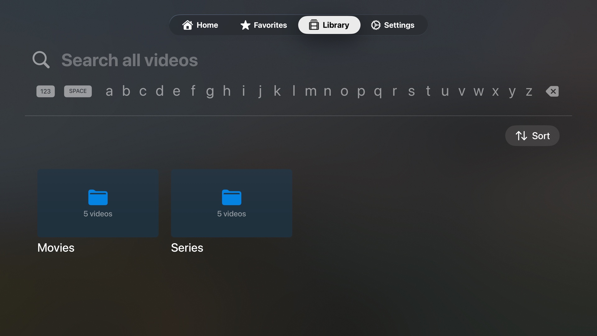 NoriWatch library on Apple TV, showing a search field and Movies and Series folders
